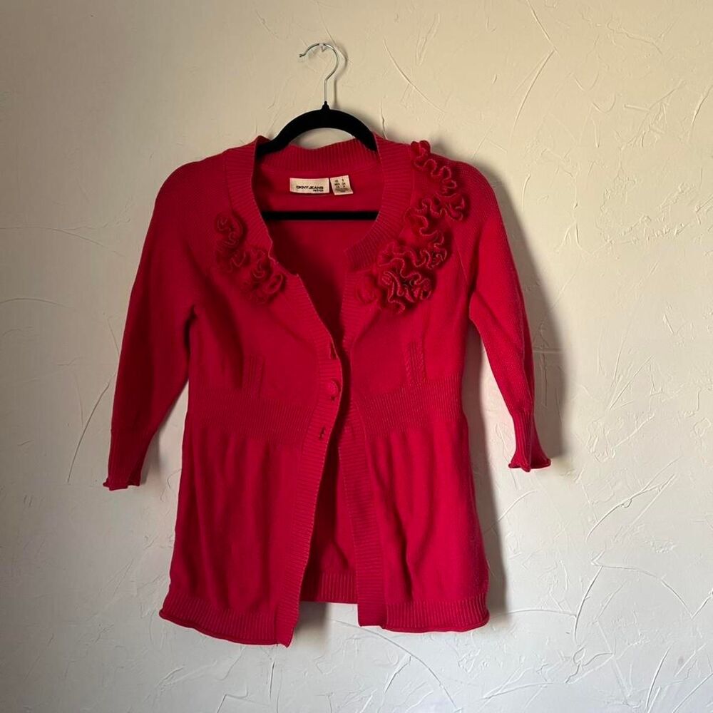 DKNY Women's Red Hot Pink Cardigan Ruffles 3/4 Sleeves Size S Y2K Coquette